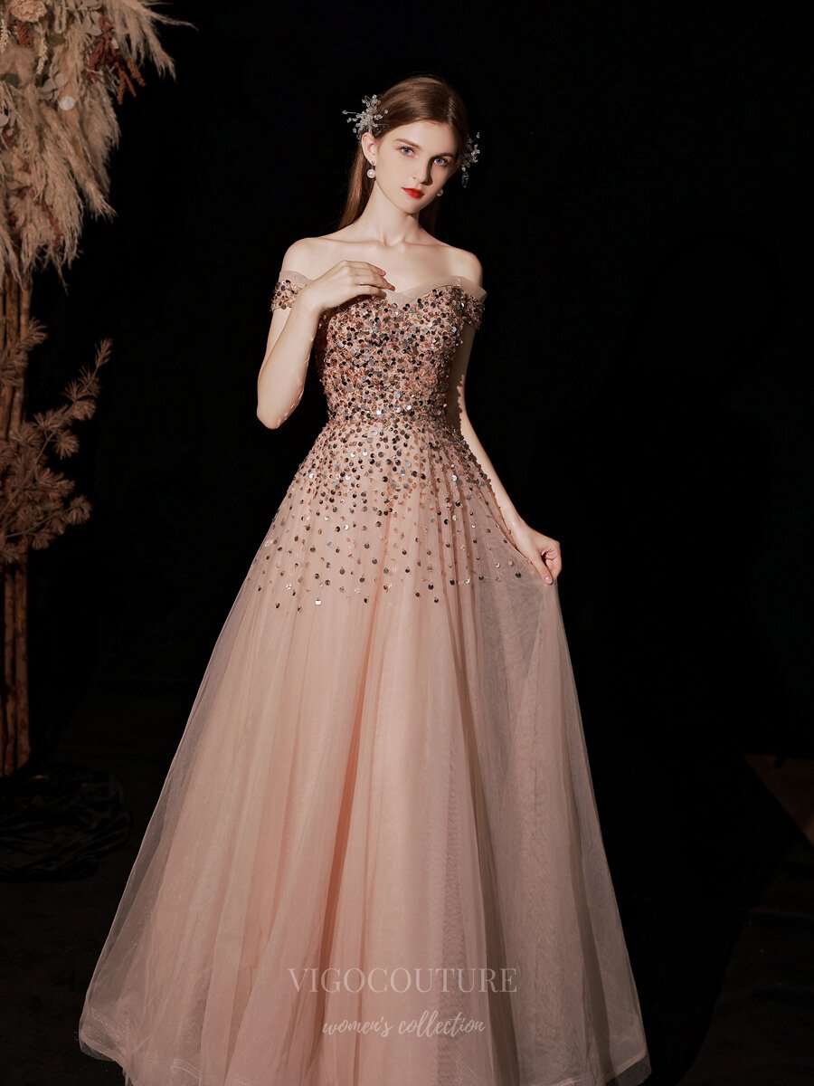 vigocouture-Blush Off the Shoulder Beaded Prom Dress 20744-Prom Dresses-vigocouture-