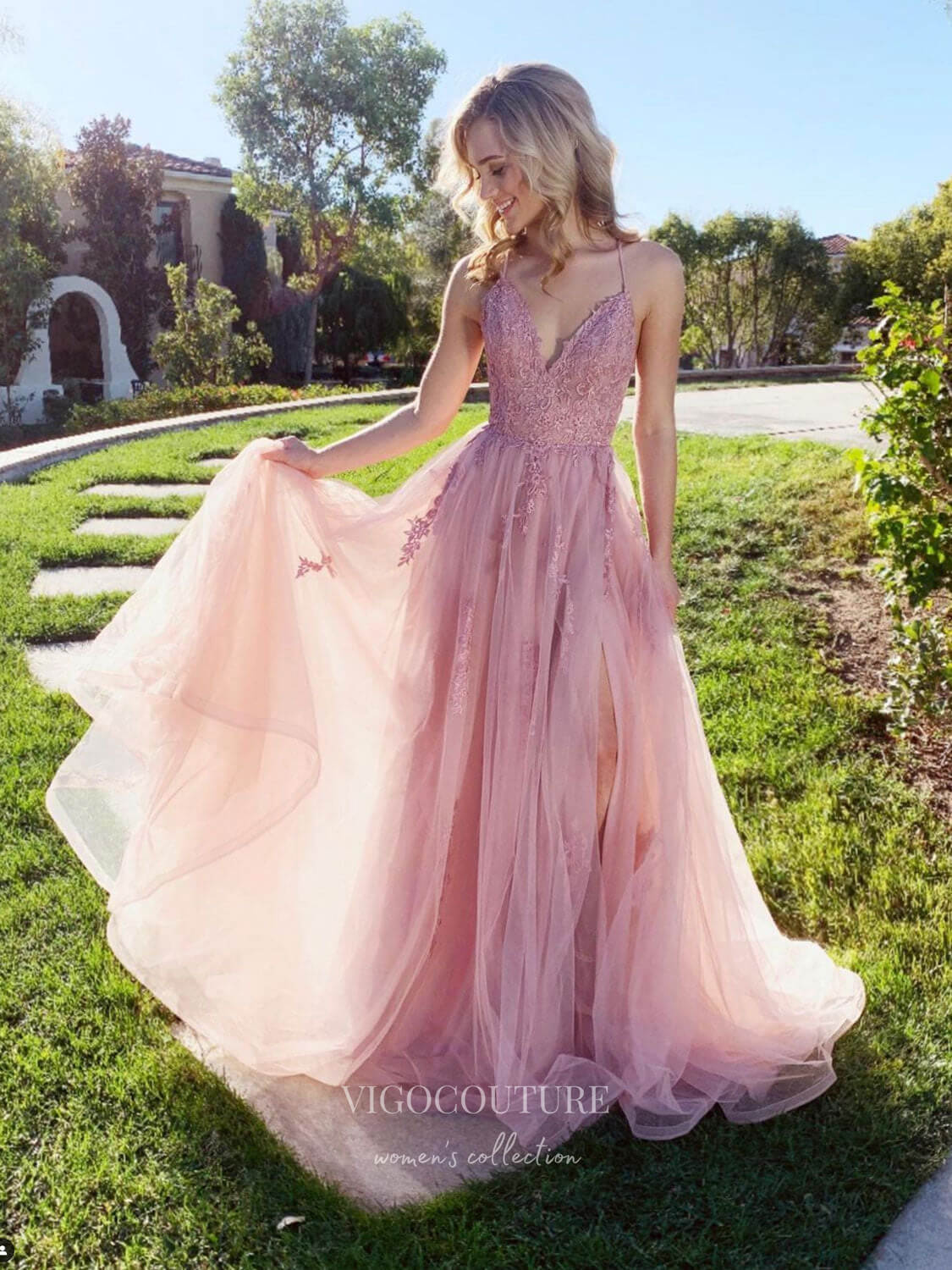 vigocouture-Blush Pink Lace Applique Prom Dresses Spaghetti Strap V-Neck Evening Dress 21775-Prom Dresses-vigocouture-Blush-US2-