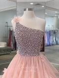 vigocouture-Blush Pink Layered Ruffle Prom Dresses One Shoulder Beaded Evening Dress 21684-Prom Dresses-vigocouture-
