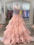 vigocouture-Blush Pink Layered Ruffle Prom Dresses One Shoulder Beaded Evening Dress 21684-Prom Dresses-vigocouture-Blush-US2-
