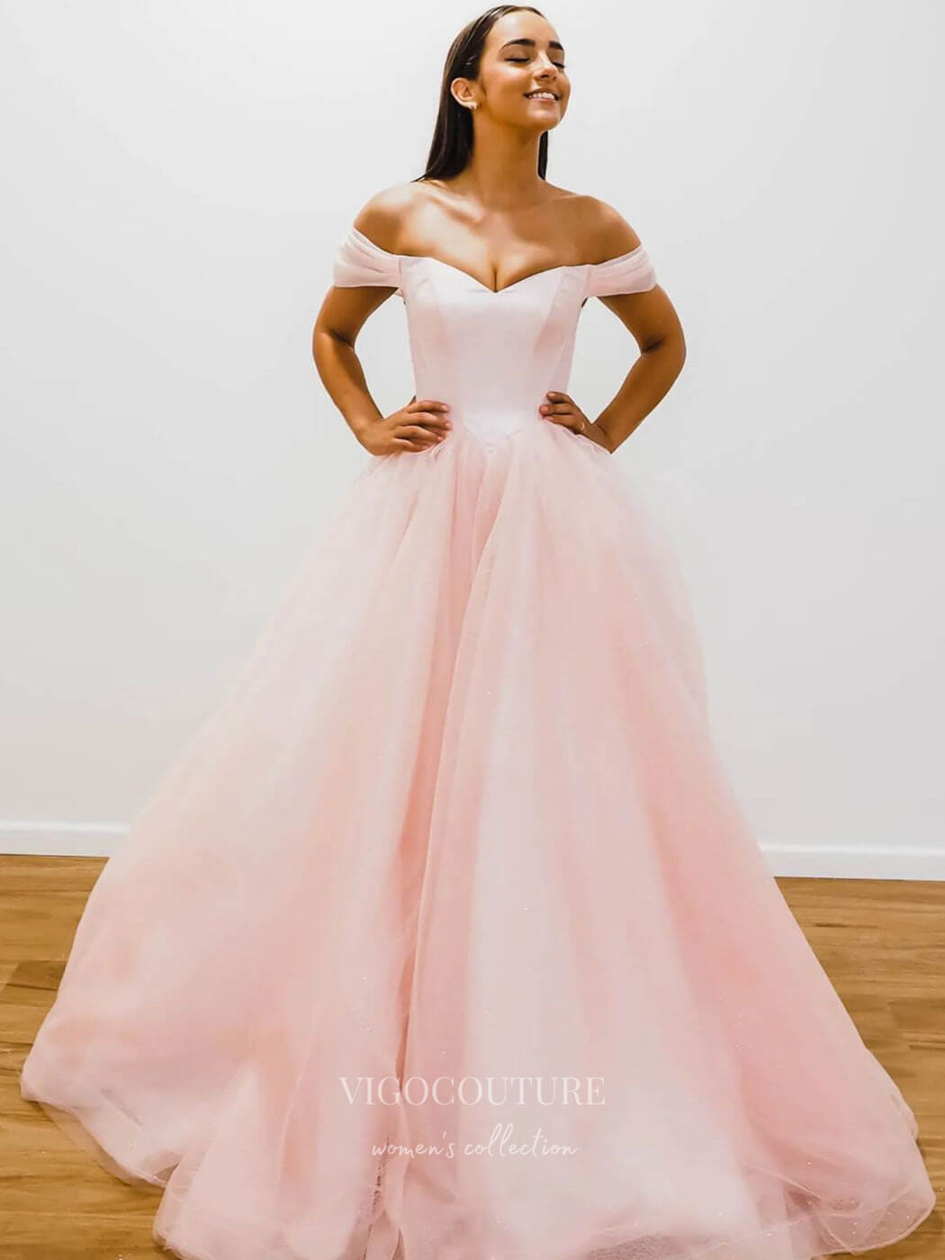 vigocouture-Blush Pink Off the Shoulder Prom Dresses Tulle A-Line Evening Dress 21769-Prom Dresses-vigocouture-Blush-US2-