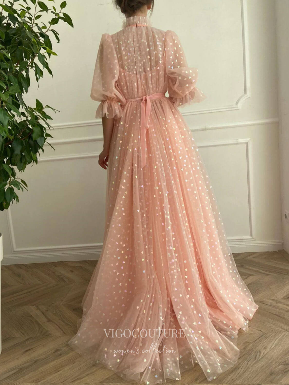 vigocouture-Blush Pink Starry Tulle Prom Dresses High Neck Elbow Sleeve Evening Dress 21777-Prom Dresses-vigocouture-