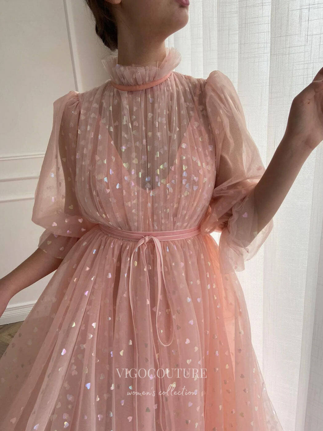 vigocouture-Blush Pink Starry Tulle Prom Dresses High Neck Elbow Sleeve Evening Dress 21777-Prom Dresses-vigocouture-