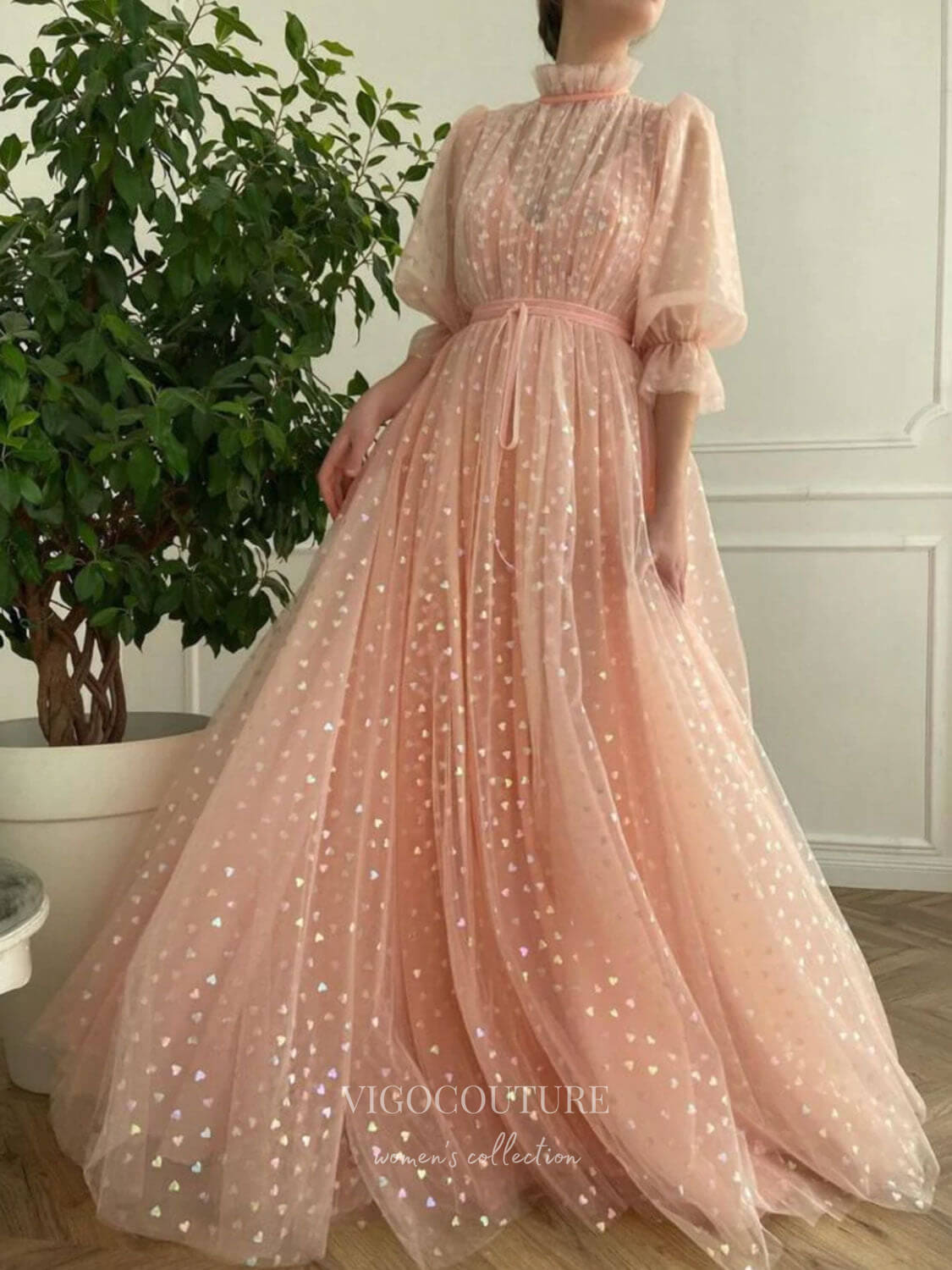 vigocouture-Blush Pink Starry Tulle Prom Dresses High Neck Elbow Sleeve Evening Dress 21777-Prom Dresses-vigocouture-Blush-US2-