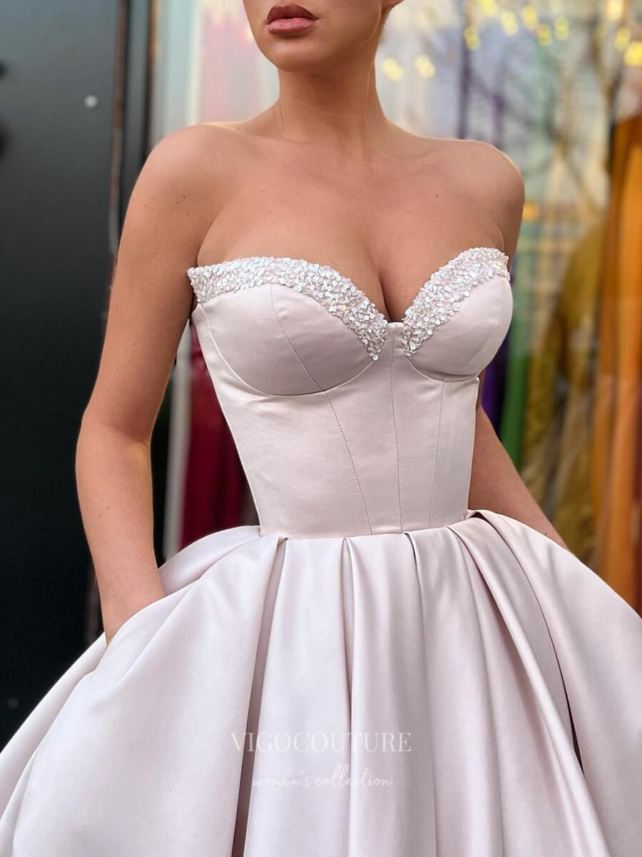vigocouture-Blush Pink Tea-Length Prom Dresses Sweetheart Neck Satin Homecoming Dress 21808-Prom Dresses-vigocouture-