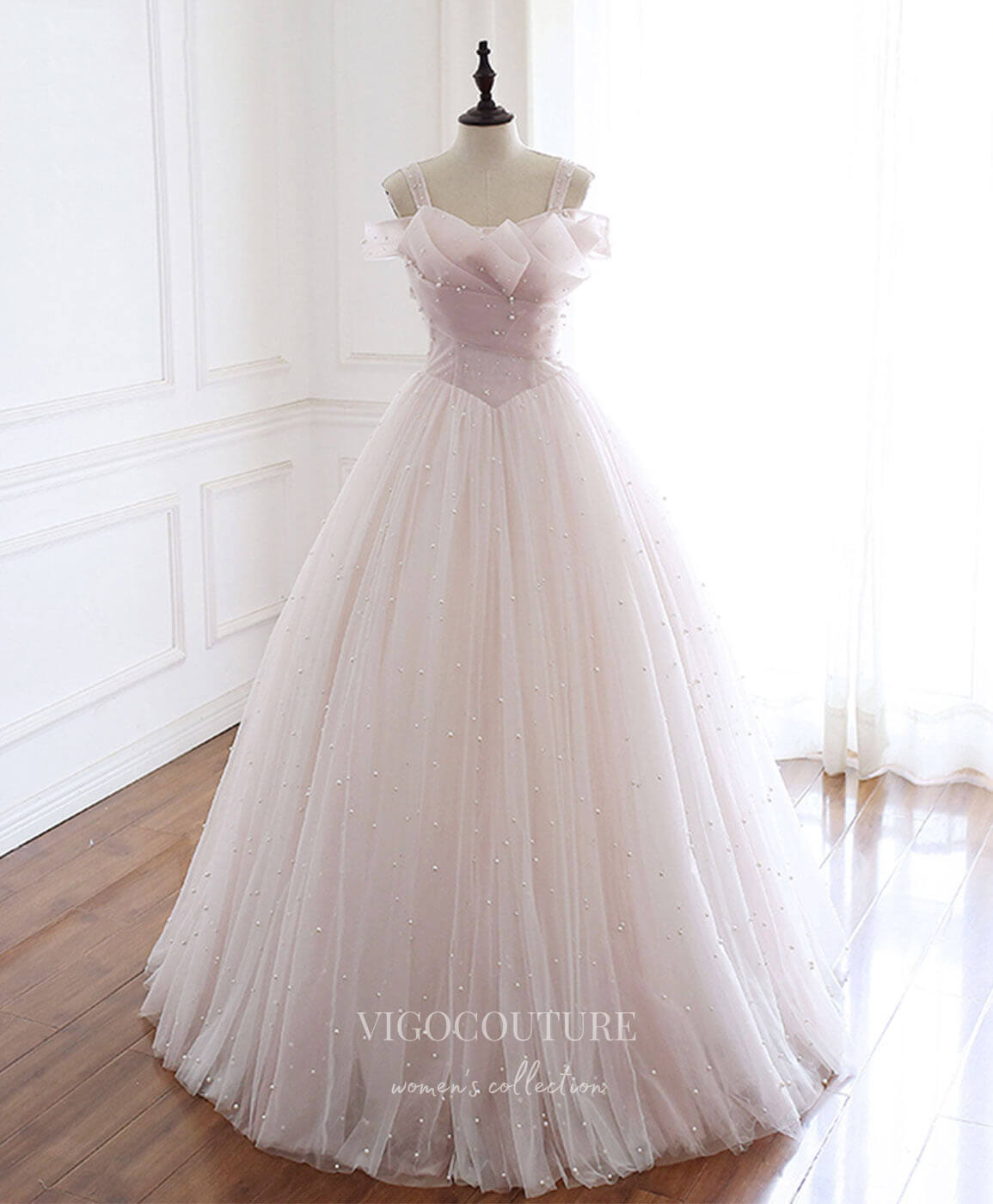 Blush Pink Tulle Prom Dresses Beaded A-Line Evening Dress 21817-Prom Dresses-vigocouture-Blush-US2-vigocouture