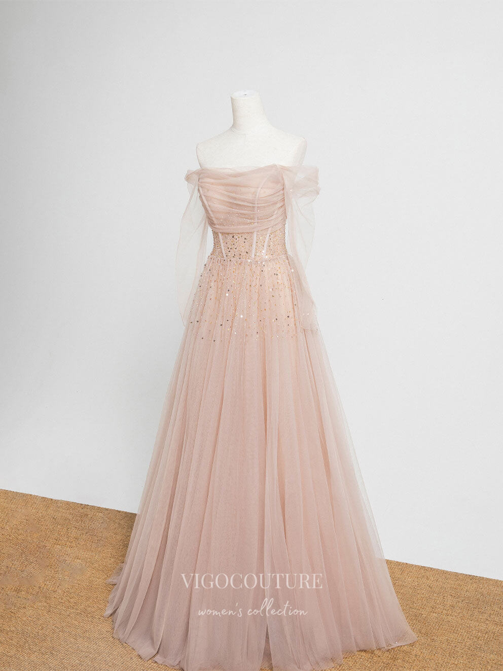 Blush Pink Tulle Prom Dresses Off the Shoulder Evening Dress 21828-Prom Dresses-vigocouture-Blush-US2-vigocouture