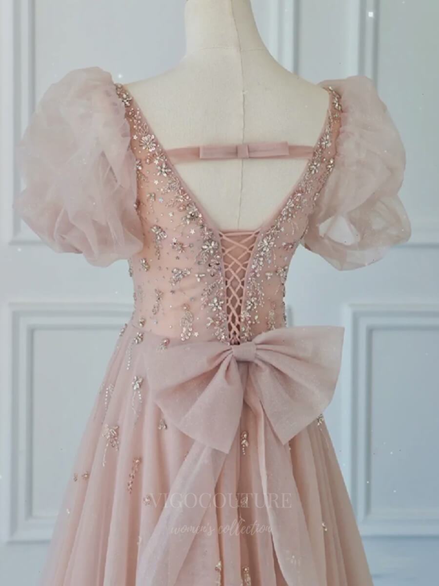 vigocouture-Blush Puffed Sleeve Beaded Prom Dress 20631-Prom Dresses-vigocouture-