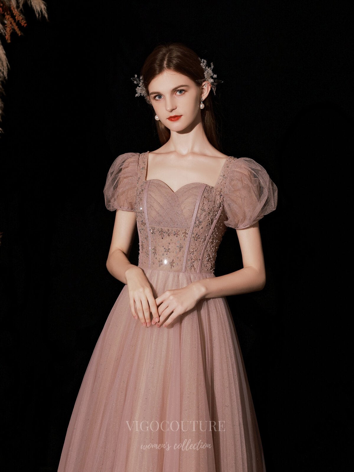 vigocouture-Blush Puffed Sleeve Sparkly Tulle Prom Dress 20740-Prom Dresses-vigocouture-