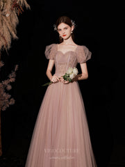 Blush Puffed Sleeve Sparkly Tulle Prom Dress 20740