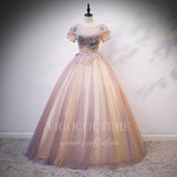 vigocouture-Blush Short Sleeve Quinceanera Dresses Lace Applique Ball Gown 20415-Prom Dresses-vigocouture-