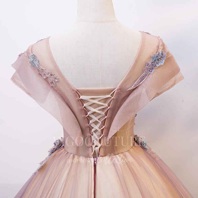 vigocouture-Blush Short Sleeve Quinceanera Dresses Lace Applique Ball Gown 20415-Prom Dresses-vigocouture-
