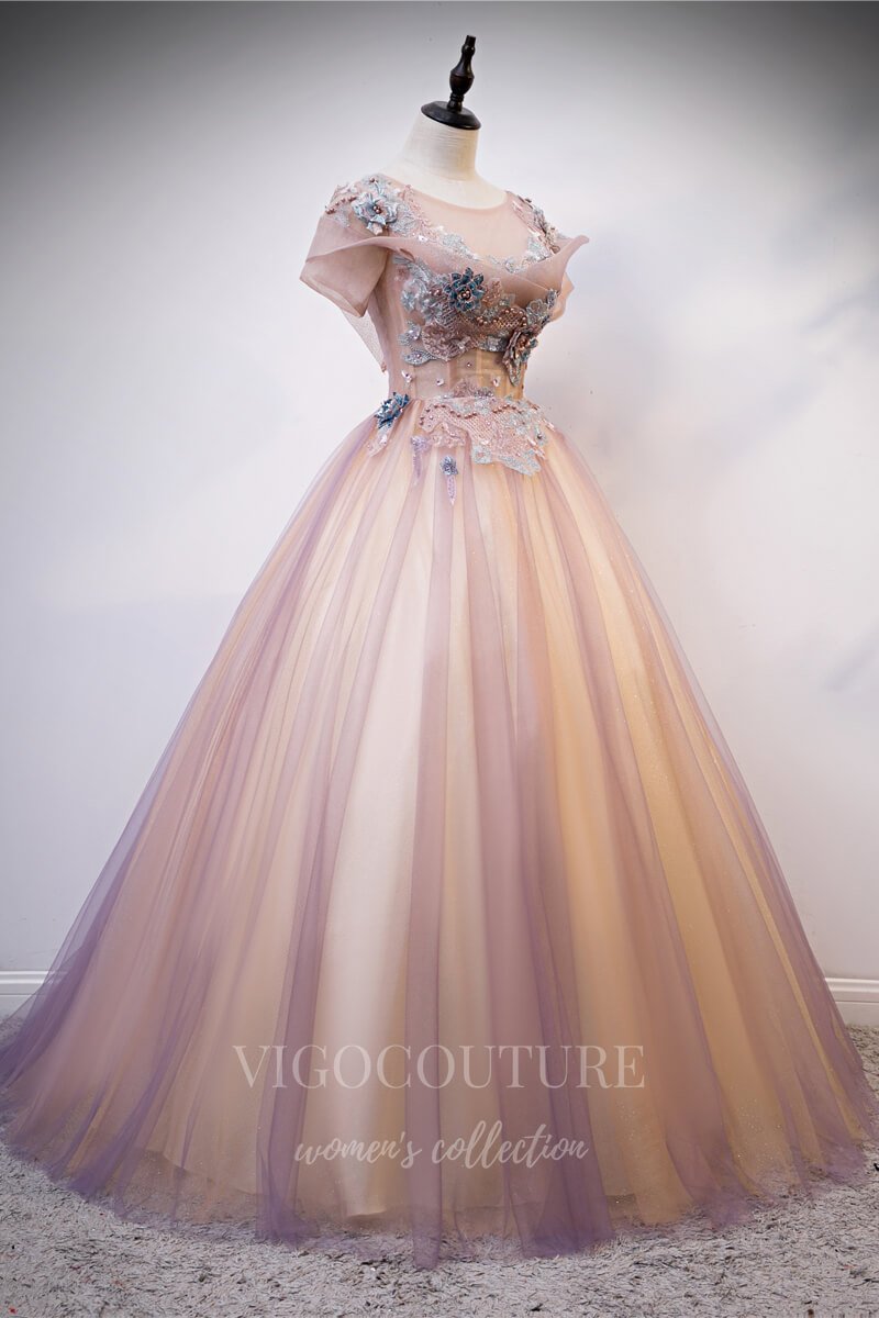 vigocouture-Blush Short Sleeve Quinceanera Dresses Lace Applique Ball Gown 20415-Prom Dresses-vigocouture-Blush-Custom Size-