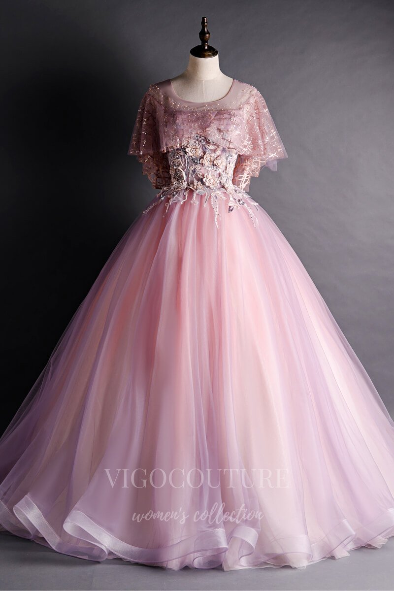 vigocouture-Blush Short Sleeve Sweet 16 Dresses Lace Applique Ball Gown 20476-Prom Dresses-vigocouture-Blush-Custom Size-