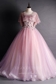 Blush Short Sleeve Sweet 16 Dresses Lace Applique Ball Gown 20476