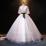 vigocouture-Blush Short Sleeve Sweet 16 Dresses Lace Applique Ball Gown 20484-Prom Dresses-vigocouture-Blush-Custom Size-