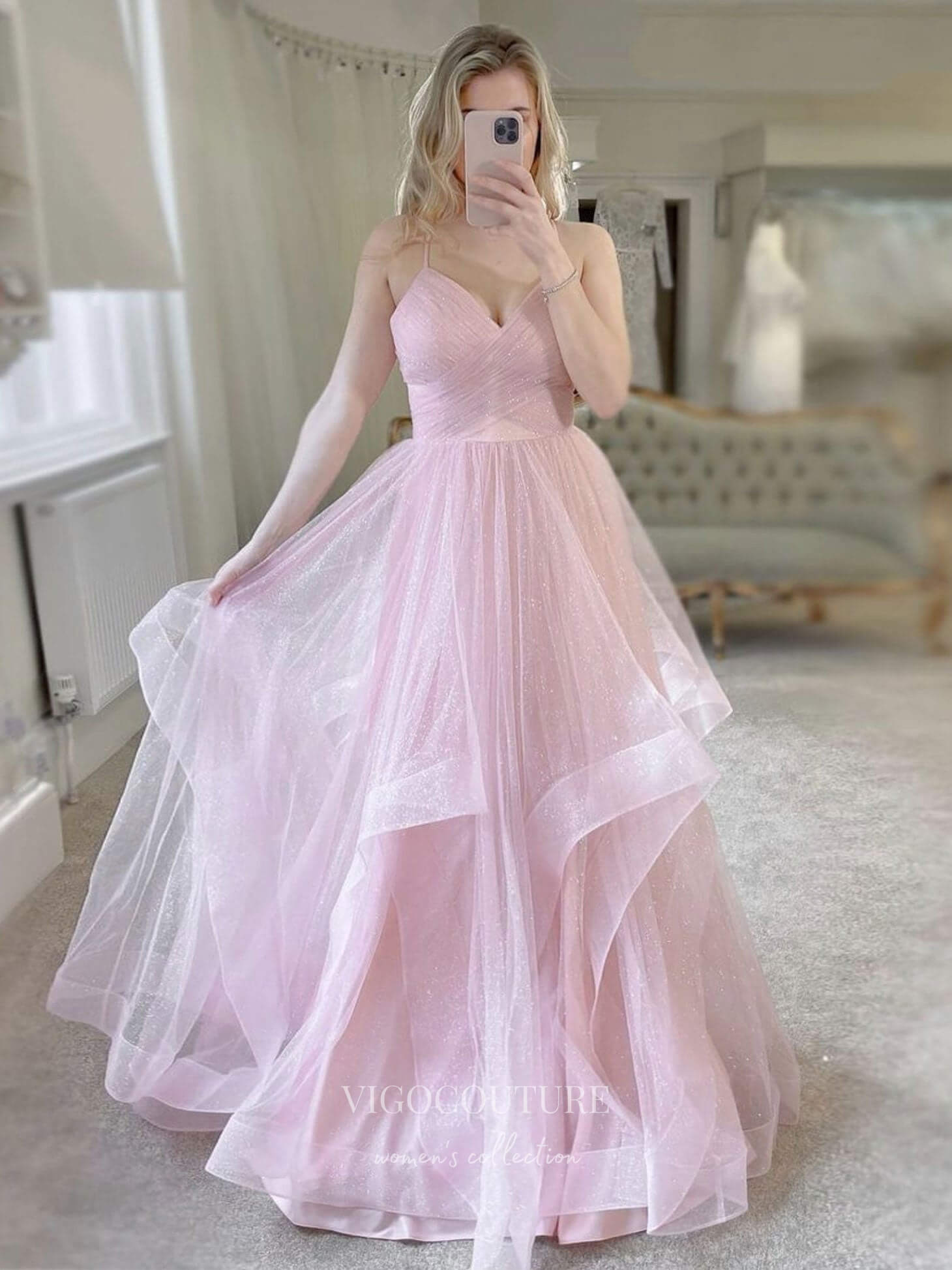 vigocouture-Blush Spaghetti Strap Tiered Prom Dresses Sparkly Tulle Evening Dress 21706-Prom Dresses-vigocouture-Blush-US2-