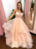 vigocouture-Blush Sparkly Lace Spaghetti Strap Prom Dress 20957-Prom Dresses-vigocouture-Blush-US2-