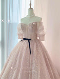 vigocouture-Blush Sparkly Off the Shoulder Prom Dress 20634-Prom Dresses-vigocouture-