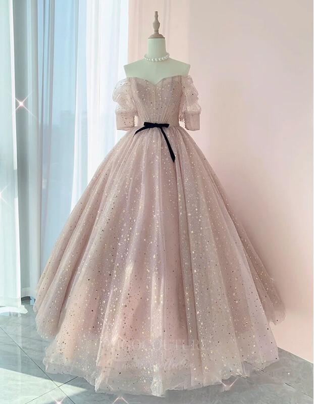 vigocouture-Blush Sparkly Off the Shoulder Prom Dress 20634-Prom Dresses-vigocouture-Blush-US2-