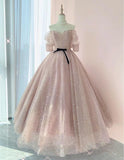 vigocouture-Blush Sparkly Off the Shoulder Prom Dress 20634-Prom Dresses-vigocouture-Blush-US2-