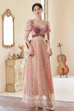 Blush Sparkly Tulle Formal Dress Short Sleeve Prom Dresses 21638