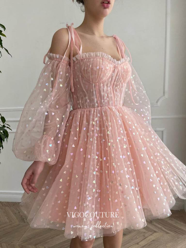 vigocouture-Blush Sparkly Tulle Hoco Dresses Long Sleeve Graduation Dresses hc170-Prom Dresses-vigocouture-Blush-US2-