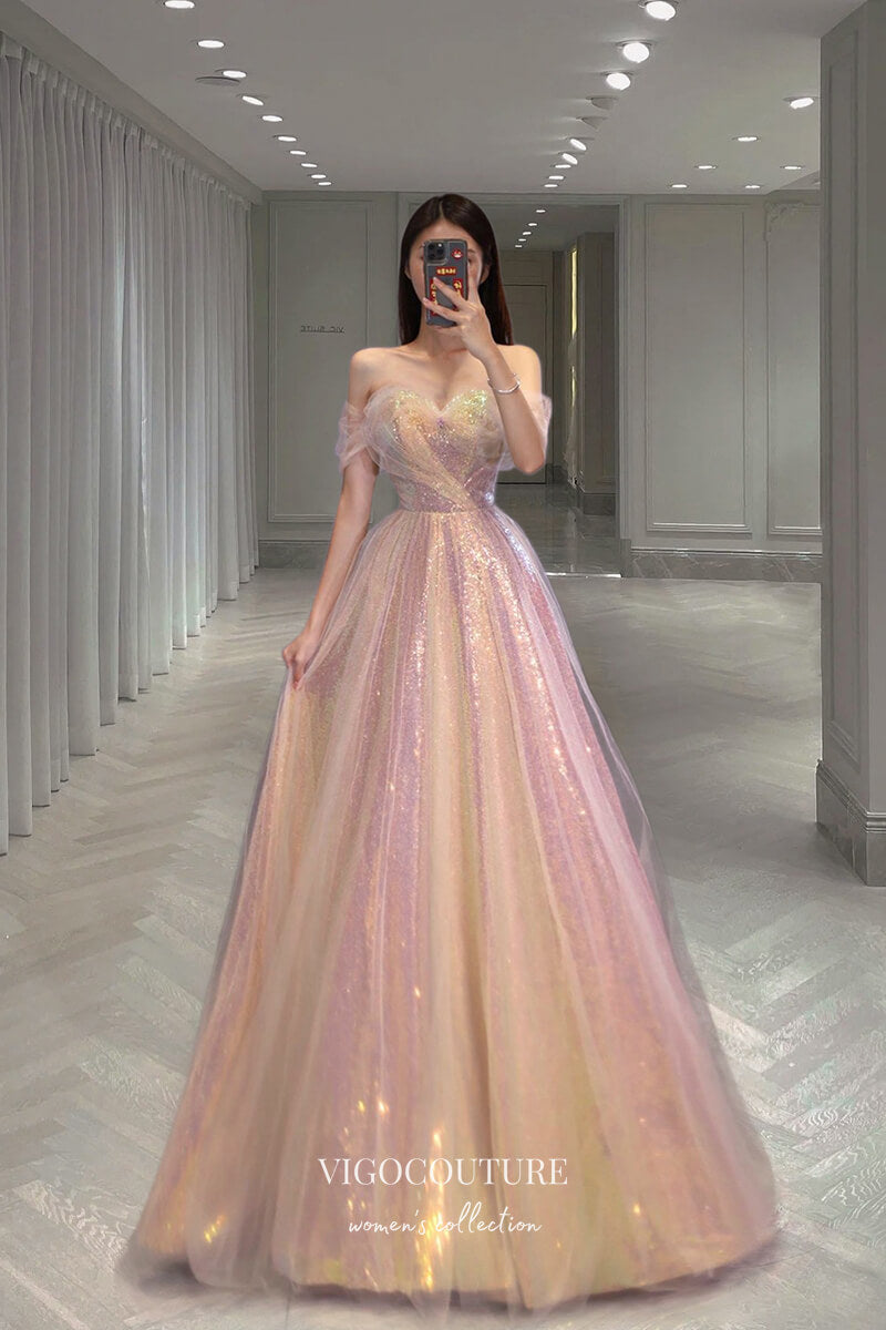 vigocouture-Blush Sparkly Tulle Prom Dress Sequin Off the Shoulder Formal Dresses 21658-Prom Dresses-vigocouture-Blush-US2-