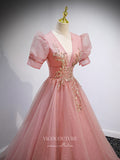 vigocouture-Blush Sparkly Tulle Prom Dresses Puffed Sleeve Formal Dresses 21347-Prom Dresses-vigocouture-