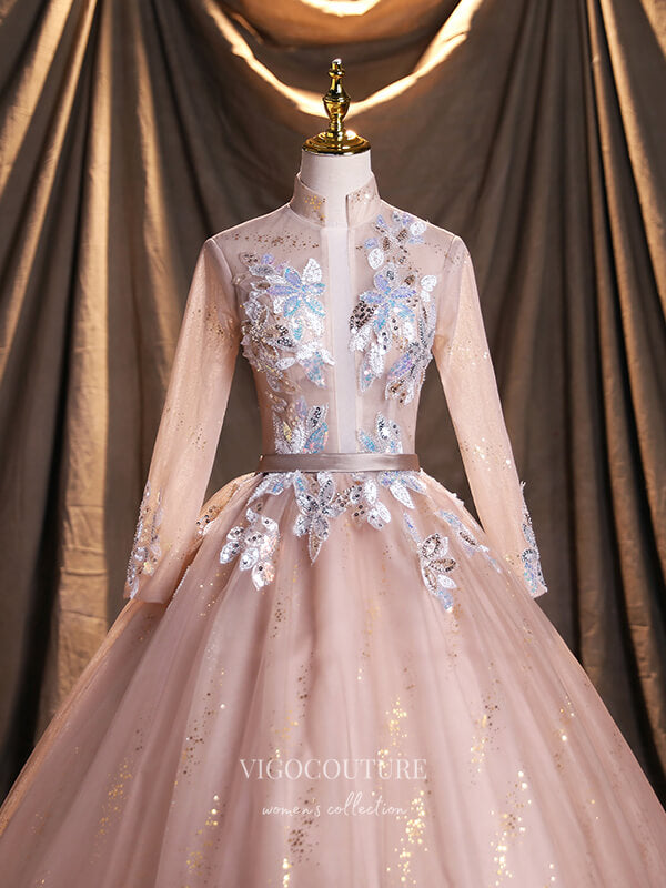 vigocouture-Blush Sparkly Tulle Quinceanera Dresses Lace Applique Sweet 16 Dresses 21388-Prom Dresses-vigocouture-