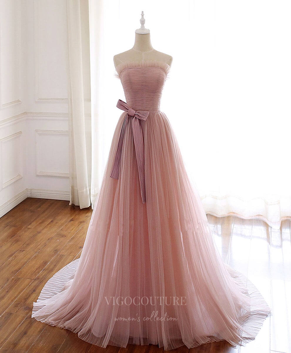 vigocouture-Blush Strapless A-Line Tulle Prom Dress 20914-Prom Dresses-vigocouture-Blush-Custom Size-