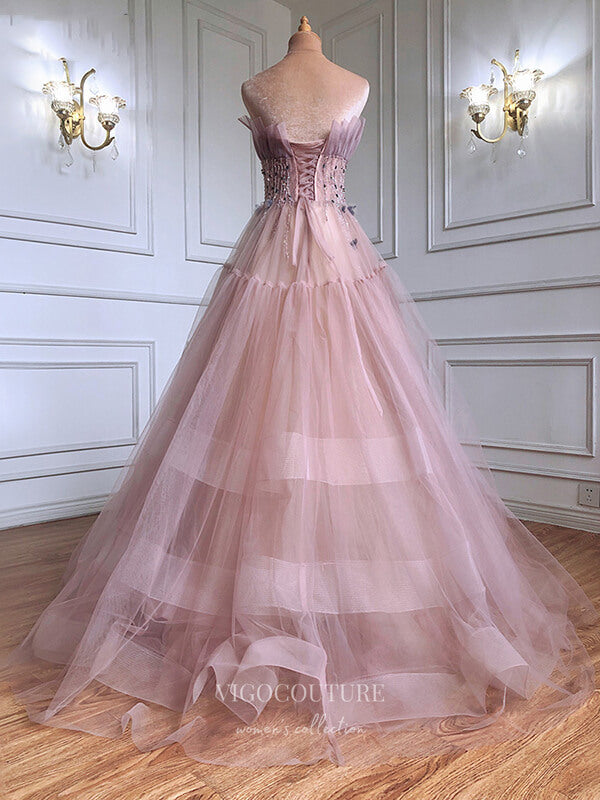 vigocouture-Blush Strapless Prom Dresses Beaded Floral Evening Dresses 21247-Prom Dresses-vigocouture-
