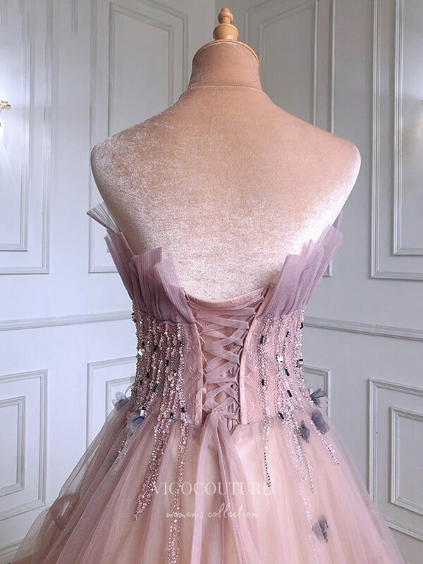 vigocouture-Blush Strapless Prom Dresses Beaded Floral Evening Dresses 21247-Prom Dresses-vigocouture-