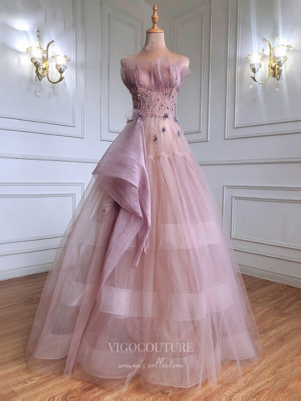 vigocouture-Blush Strapless Prom Dresses Beaded Floral Evening Dresses 21247-Prom Dresses-vigocouture-Blush-US2-