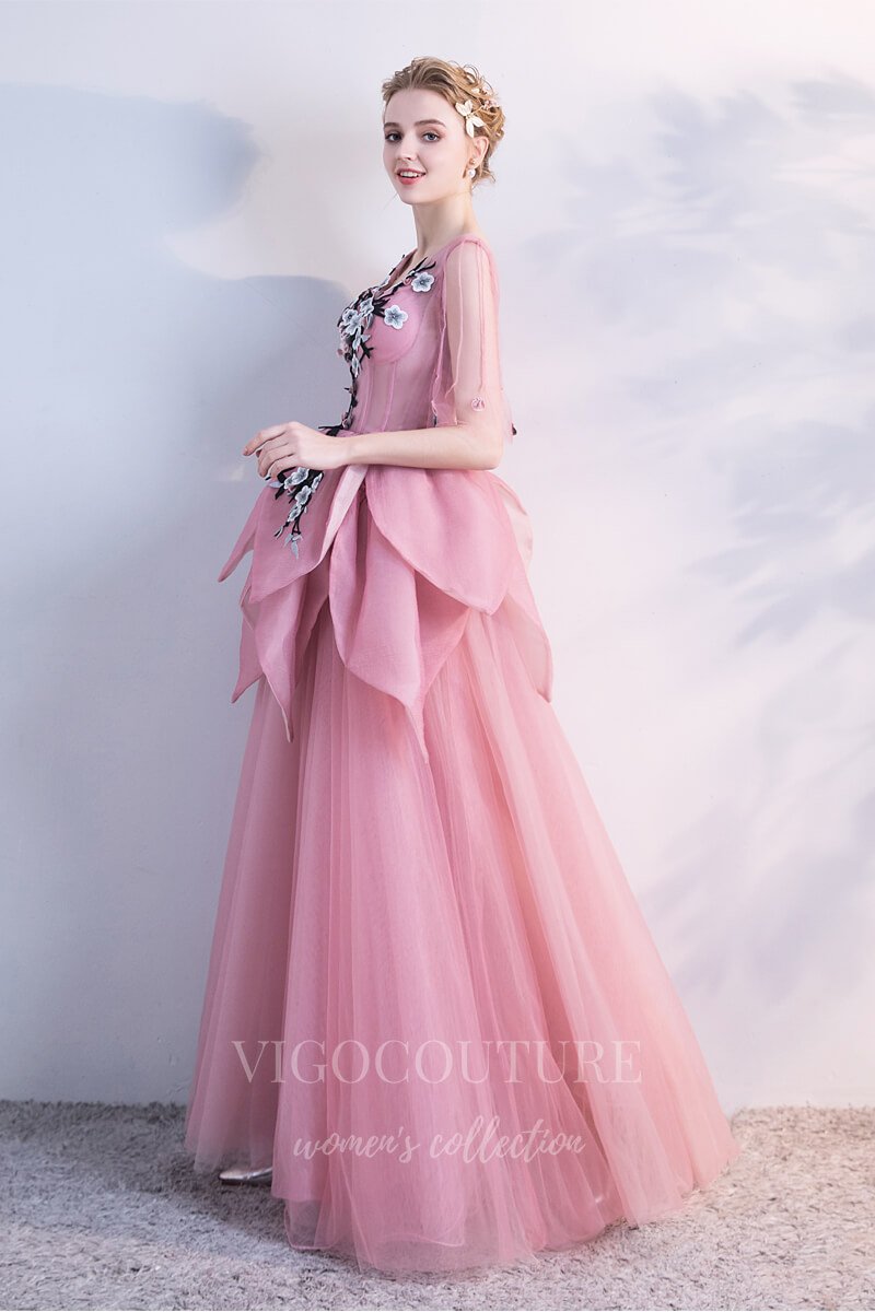 vigocouture-Blush Tiered Lace Applique Quinceañera Dresses Short Sleeve Sweet 16 Dresses 20429-Prom Dresses-vigocouture-