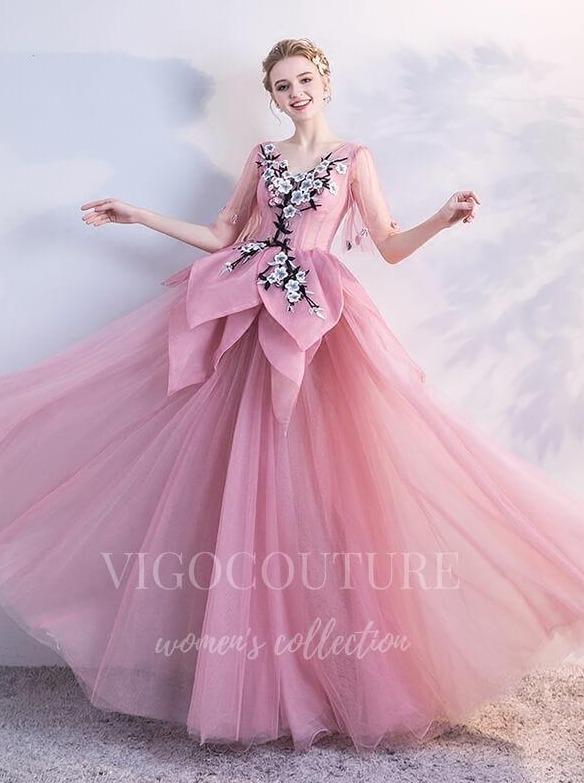 vigocouture-Blush Tiered Lace Applique Quinceañera Dresses Short Sleeve Sweet 16 Dresses 20429-Prom Dresses-vigocouture-Blush-Custom Size-