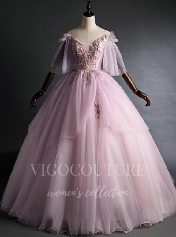 vigocouture-Blush Tiered Lace Applique Sweet 16 Dresses Off the Shoulder Ball Gown 20472-Prom Dresses-vigocouture-Blush-Custom Size-