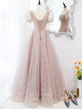 vigocouture-Blush Tulle Puffed Sleeve Prom Dress 20896-Prom Dresses-vigocouture-