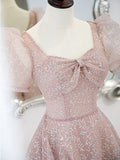 vigocouture-Blush Tulle Puffed Sleeve Prom Dress 20896-Prom Dresses-vigocouture-