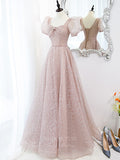 Blush Tulle Puffed Sleeve Prom Dress 20896