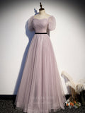 vigocouture-Blush Tulle Puffed Sleeve Sweetheart Neck Prom Dress 20875-Prom Dresses-vigocouture-