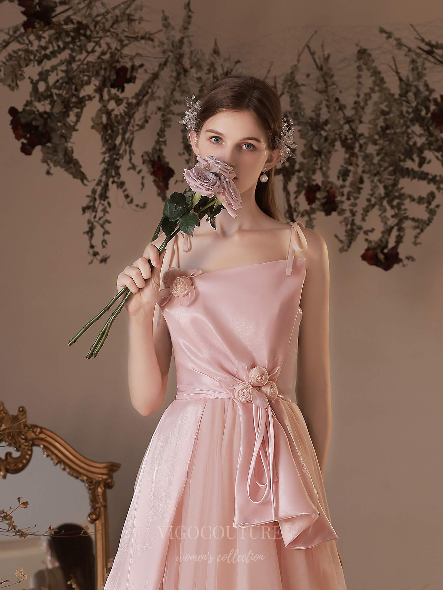 vigocouture-Blush Tulle Spaghetti Strap Floral Prom Dress 20737-Prom Dresses-vigocouture-