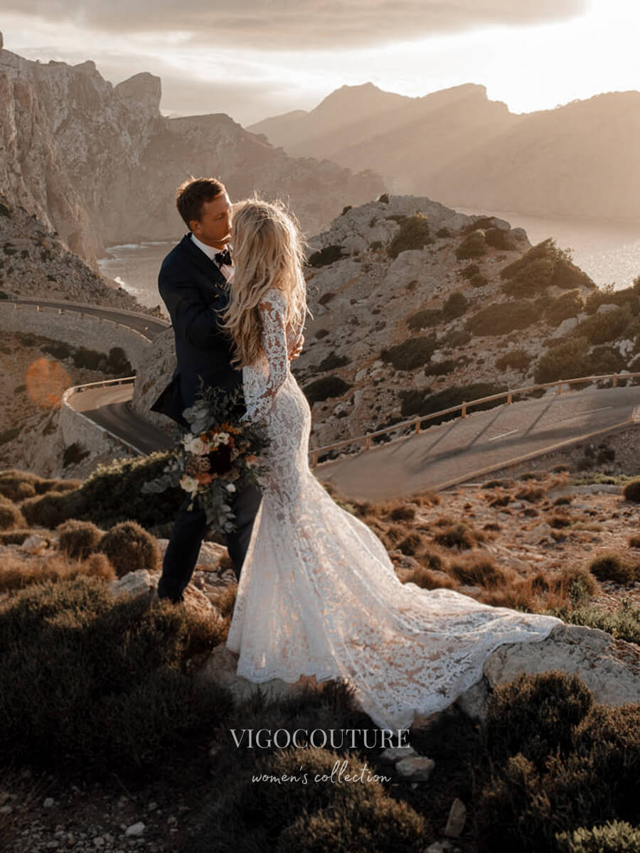 vigocouture-Boho Lace Mermaid Wedding Dresses with Long Sleeves W0018-Wedding Dresses-vigocouture-