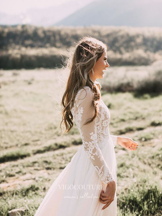 vigocouture-Long Sleeve Boho Wedding Dresses Rustic Country Wedding Dresses W0017-Wedding Dresses-vigocouture-
