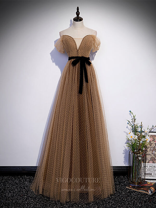 vigocouture-Brown Dotted Tulle Off the Shoulder Prom Dress 20901-Prom Dresses-vigocouture-Brown-Custom Size-