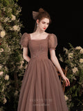 vigocouture-Brown Puffed Sleeve Dotted Tulle Prom Dress 20729-Prom Dresses-vigocouture-