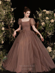 Brown Puffed Sleeve Dotted Tulle Prom Dress 20729