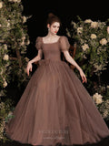 vigocouture-Brown Puffed Sleeve Dotted Tulle Prom Dress 20729-Prom Dresses-vigocouture-Brown-US2-