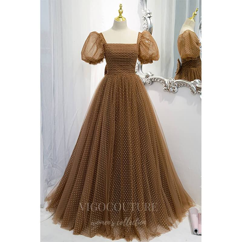 vigocouture-Brown Puffed Sleeve Prom Dress 2022 Dotted Tulle Party Dress 20523-Prom Dresses-vigocouture-