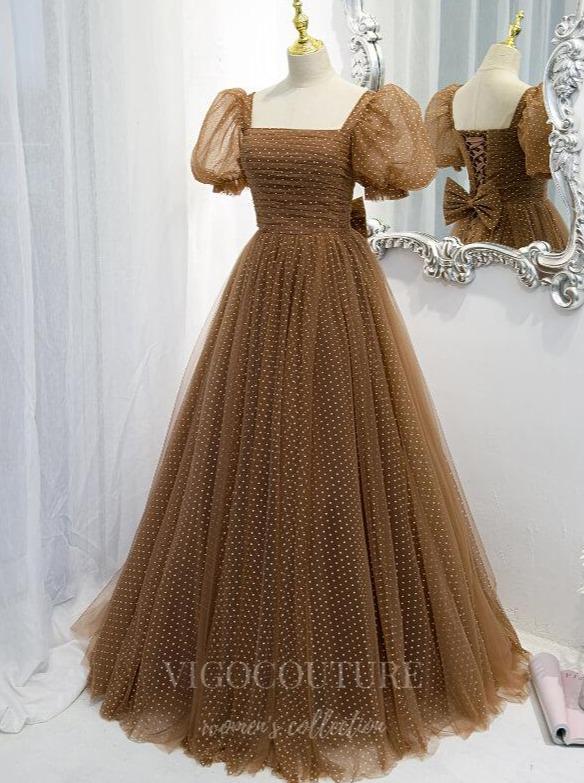 vigocouture-Brown Puffed Sleeve Prom Dress 2022 Dotted Tulle Party Dress 20523-Prom Dresses-vigocouture-Brown-US2-